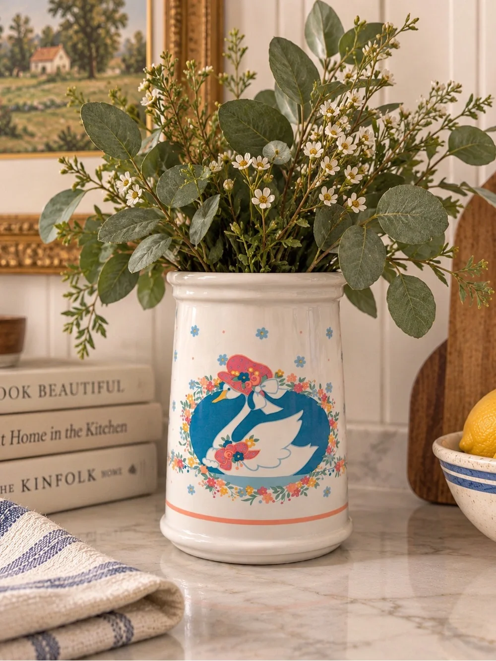 Ceramic Swan Utensil Crock in White with Floral Blue Accent